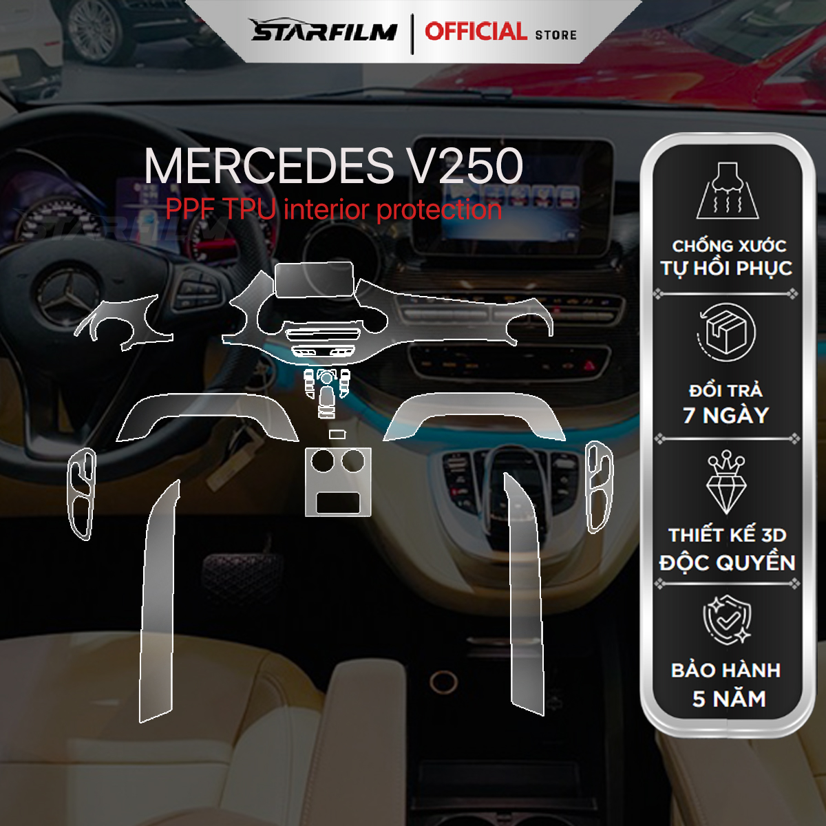 Mercedes Benz V250 AMG PPF TPU nội thất chống xước tự hồi phục STARFILM